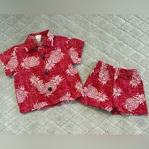Red Hawaiian shirt and shorts set with pineapple print